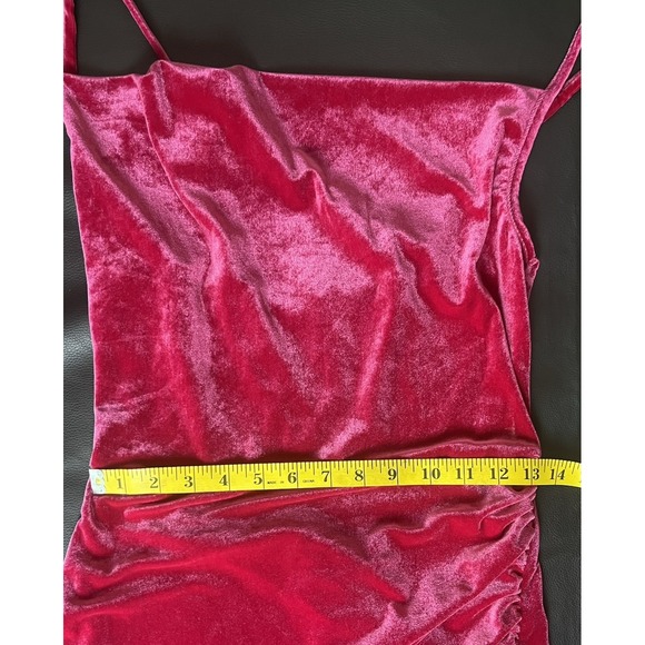 DOUBLE CRAZY Velvet Mini Dress Size M Fuchsia Pink Ruched Cowl Neck Asymmetrical - Picture 7 of 12